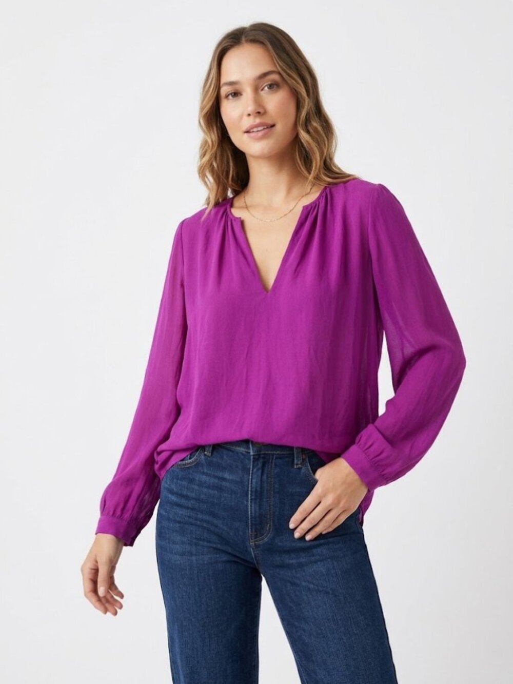 Joie Magenta Deep V-Neck Long Sleeve Silk Blouse